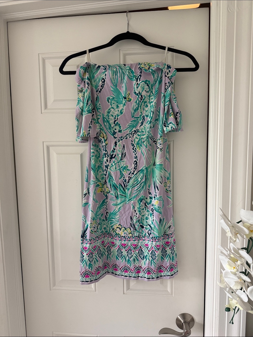 Lilly Pulitzer Lavender Off-Shoulder Mini Dress with Teal Floral Print x small